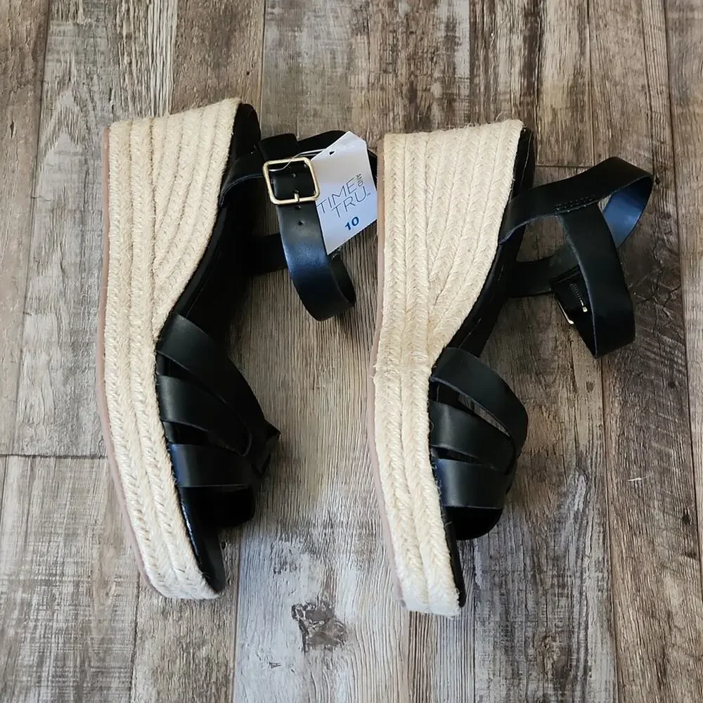 Black Wedge Womens Sandals  Size 10 Jute‎ Platform Buckle Boho Beach 3 1/2